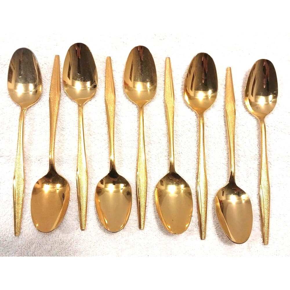 Vintage Gold Electroplated Spoons Set 9 Textured Florentine Flatware Mid Century
